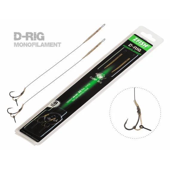 ZFISH Monofilament D-Rig Size 4 - előkötött mikroszakállas horog, D-Rig, monofil zsinóron, 4-es horogméret, 2 db/csomag